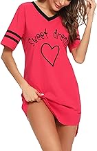 Litherday Chemise de Nuit Femme en Coton Robe de Nuit à Manches Courtes Vêtement de Nuit avec Col V Rayé Motif Coeur et Impression Imprimé