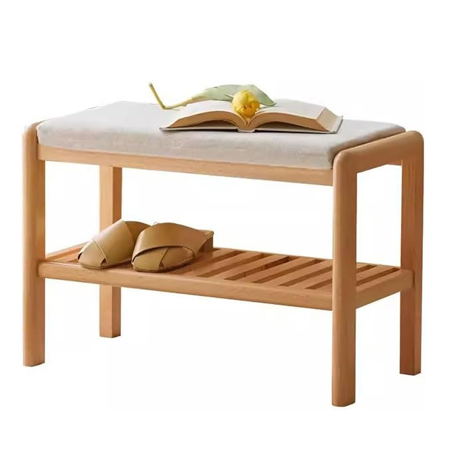 Banc à chaussures meuble de rangement d'entrée en bois massif avec assise et étagère 2 couches