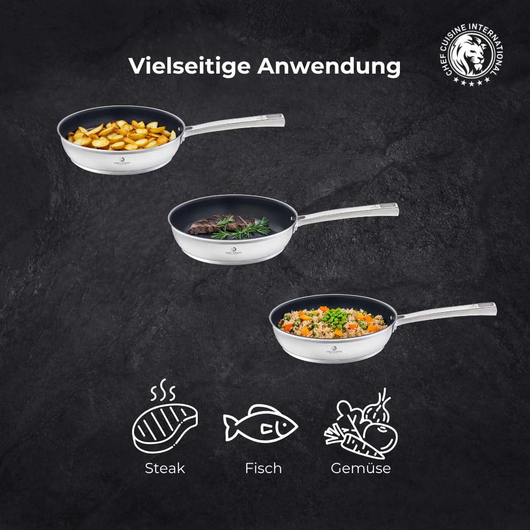 CHEF CUISINE Bratpfanne mit Teflon Antihaft Beschichtung ganz ohne anhaften – Edelstahl mit Antihaft-Beschichtung – alle Herdarten inkl. Induktion - backofengeeignet (28 cm)