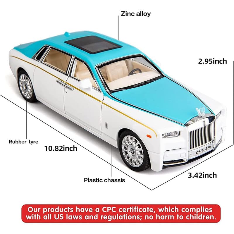 Image of Kids Model 1:24 Rolls-Royce Phantom Die Cast Metal Car Pull Back Action Opening Doors with Realistic Engine Sound Lights Toy Car Gift for Boys -Blue