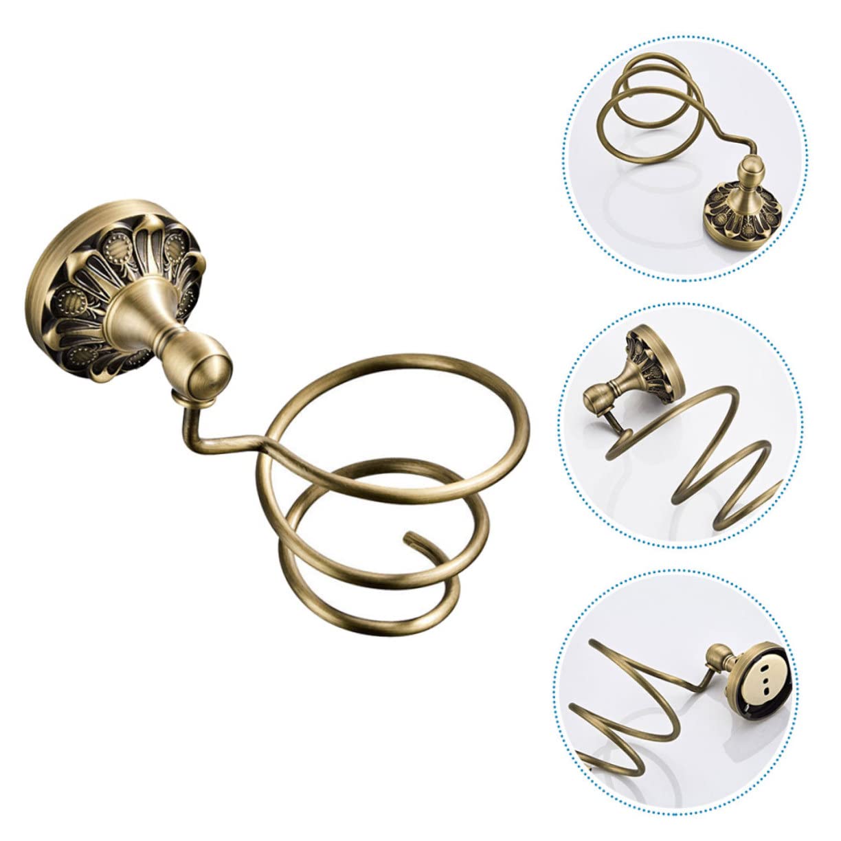 Supporto a Spirale per Asciugacapelli in Rame Oro da Parete | Foratura di Fissaggio 6mm, Adatto al Bagno, Finitura Semplice Contemporanea