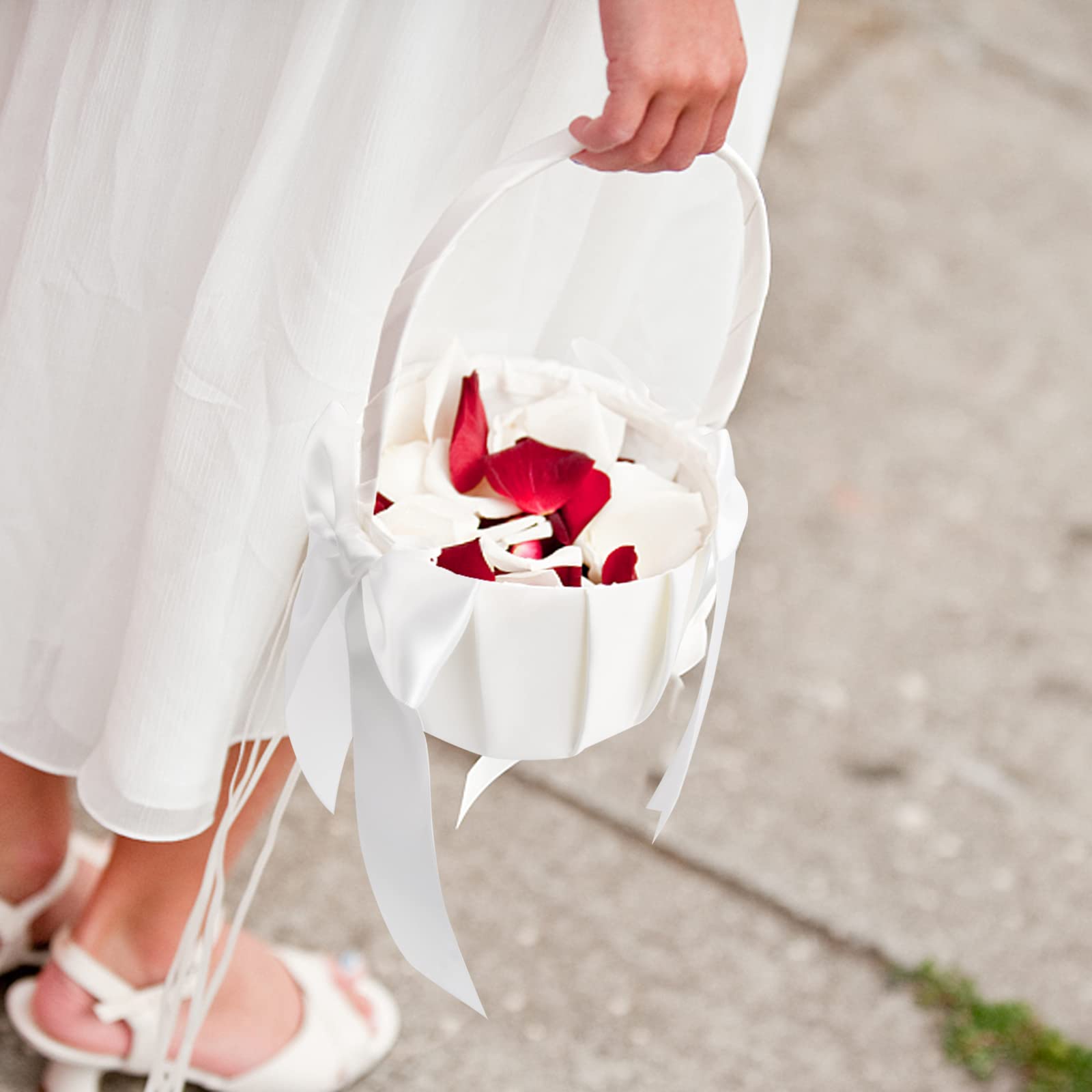 Cestino di Fiori in Raso per Matrimonio, Cestini da Sposa Fiore, Bianco Fiore Ragazza Cestino, Cestino Porta Petali con Bowknot, Grazioso Cestini da Spargere per Matrimonio