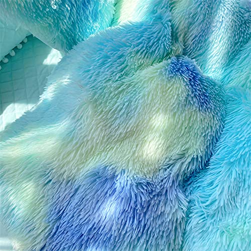 Roscloud Faux Fur Kids Girls Green Rainbow Comforter Sets Twin/Full - 3Pc Bed Set Warm Comfortable Soft Plush Flannel Velvet Fluffy Fuzzy Bedding（Comforter X 1 Pillowcases X 2） #TOP5