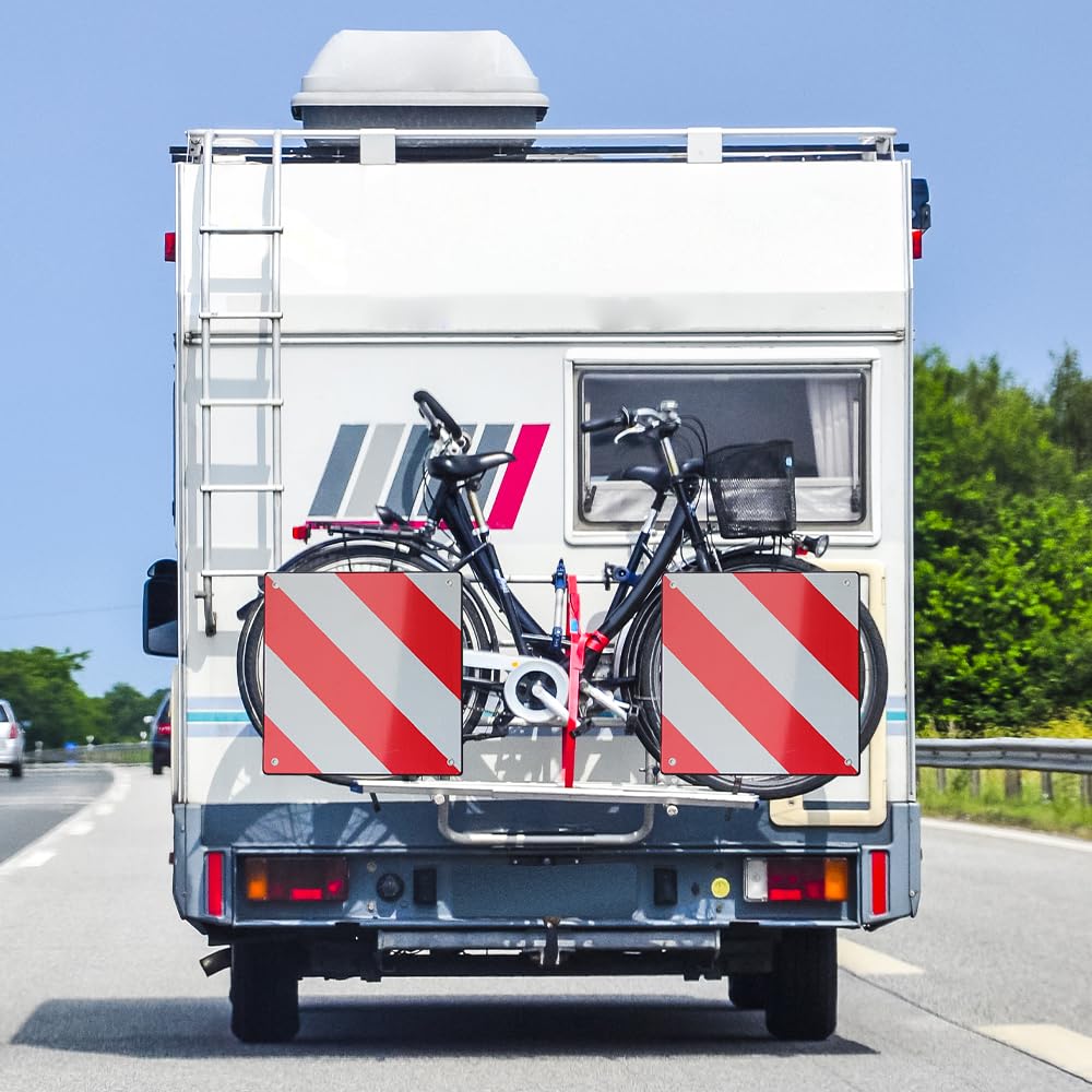 Warntafel Fahrradträger Aluminium, Warntafel Italien Spanien 2in1 mit 4 Spanngurte, Reflektierend Rot Weiß Warnschild 50x50cm für Fahrradträger, Heckanhänger, Auto, Wohnmobil, Camping