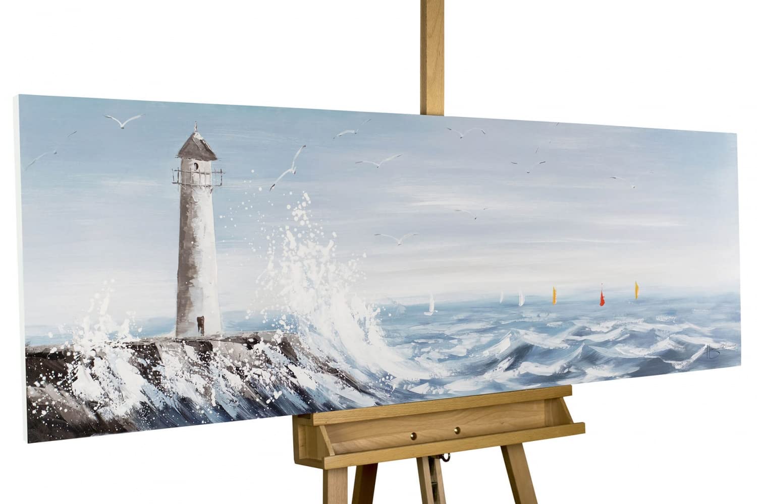 KunstLoft Tableau peinture moderne | 100% PEINT À LA MAIN | 150x50cm | Peinture sur toile 'Phare en vue' | Phare | Bleu Blanc | Deco murale salon
