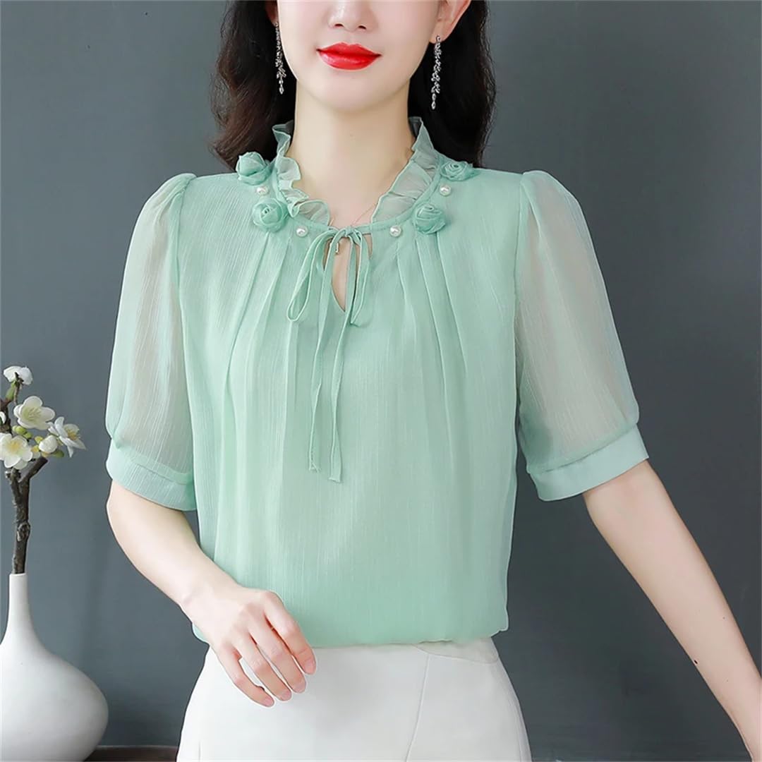 Camicia da donna in chiffon a maniche corte con colletto a petalo papillon sciolto casual pullover camicetta