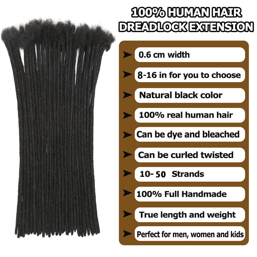 FALEMEI 0.6cm Thickness Loc Extensions Human Hair 30 Strands Dreadlock Extensions Human Hair for Women Men extensions human hair Can Be Dyed and Bleached (0.6cm 1B(Natural Black) - Image 2