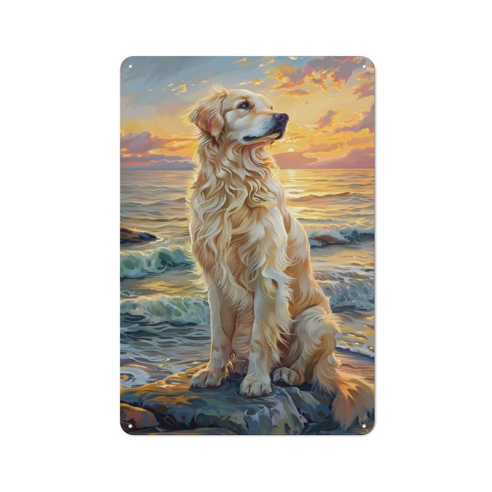 Junmoney Golden Retriever At Sunset Seascape Painting Retro Metal Sign 30X20cm For Garage Wall, For Home Interiors And Metal Sign Collectors