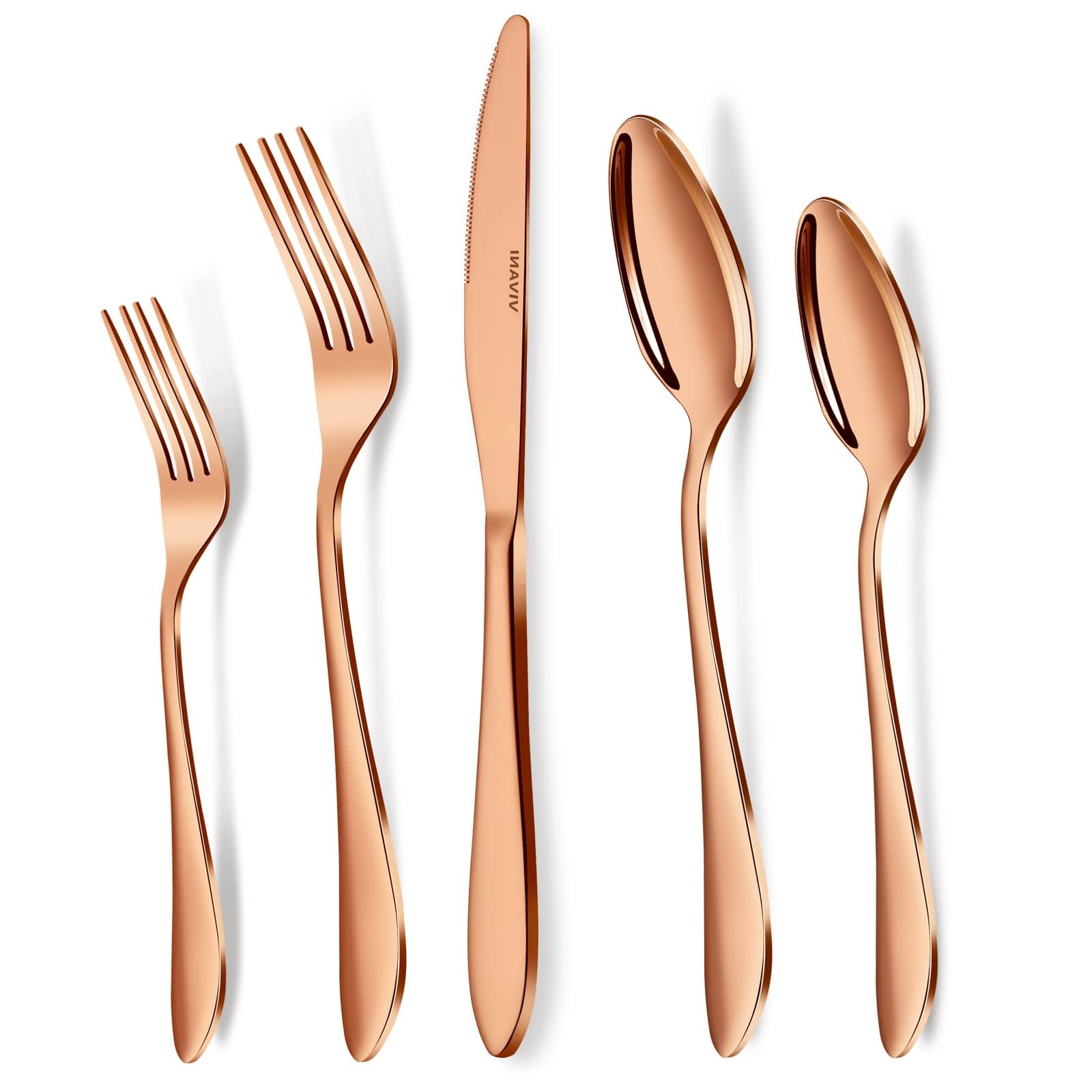 Islay 40 Piece Rose Gold Silverware Set for 8, Flatware Set,Stainless Steel Copper Cutlery Set, Mirror Finish, Dishwasher Safe