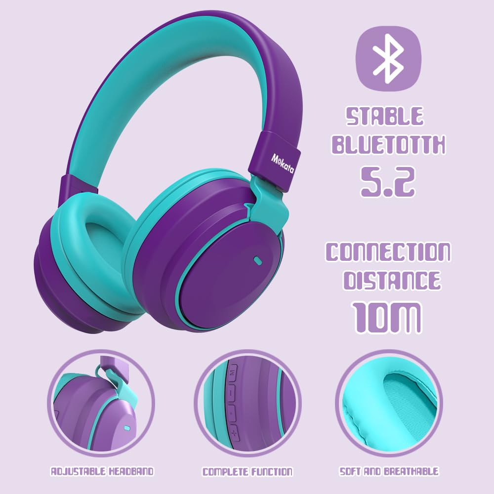 Mokata Casque Bluetooth sans fil pour enfants, volume limité, 85/110 dB, pliable, avec câble Shareport, câble auxiliaire 3,5 mm, microphone pour iPad, ordinateur portable, garçon, fille, voyage,