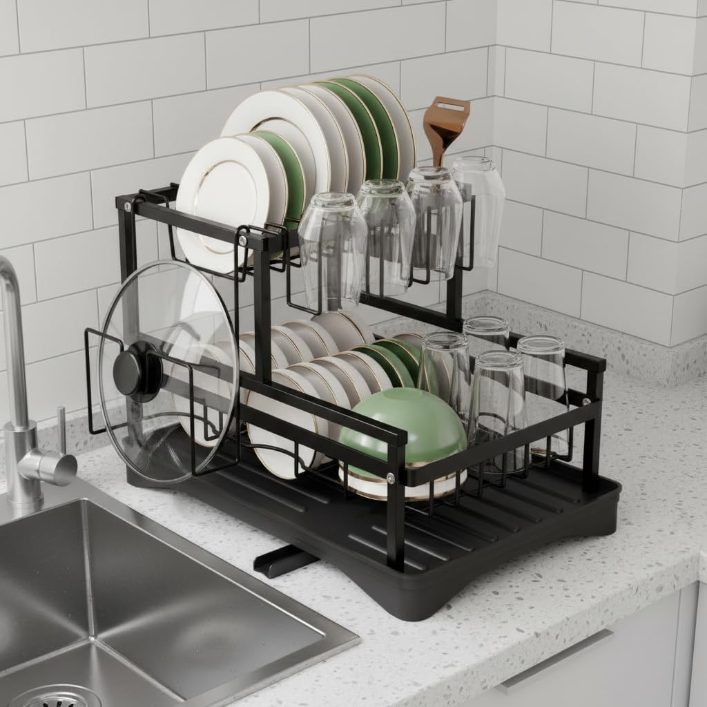 FAHAKO 2 Tier Dish Drainer Rack for Kitchen Counter, Space-Saving Dish Rack