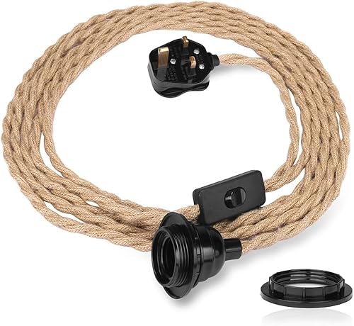 Teynewer 3.5m Pendant Light Ceiling Lighting Fitting, E27 Lamp Holder Suspended Kit with Plug in Cord Hemp Rope Pendant Lights Rustic Hanging Lamps with On/Off Switch-UK Plug