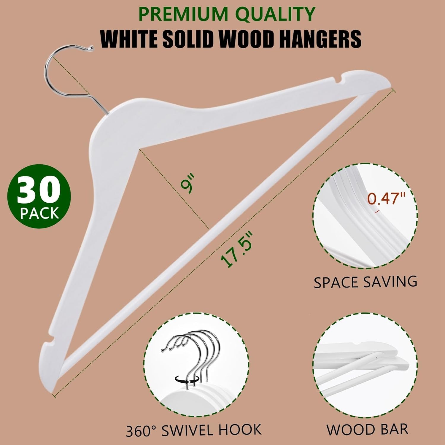 Amber Home 20 Pezzi 44.5cm Grucce Appendiabiti in Legno Bianco Liscio Robusto Nozze Maglietta Camicia Completo Giacca Vestito Giarrettiere con Asta con Scanalatura