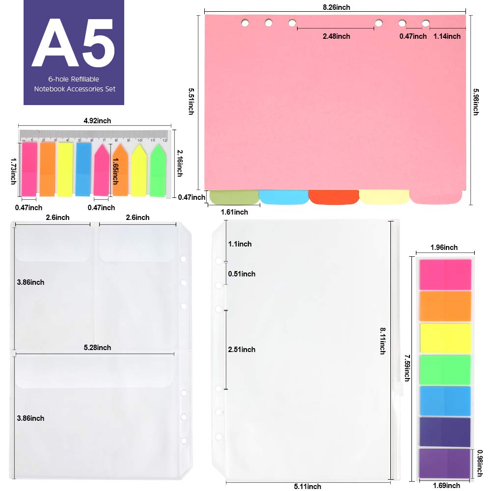 FANDAMEI A5 Nachfüllbare Notizpapier Set, 2 Packe 6 Löcher A5 Nachfüllpapier Liniert 90 Blätter/180 Seiten, 5 Stücke Farbige Trennblätter, 460 Stücke Haftnotizen Bunt, 2 Stk. Umschlägbeutel