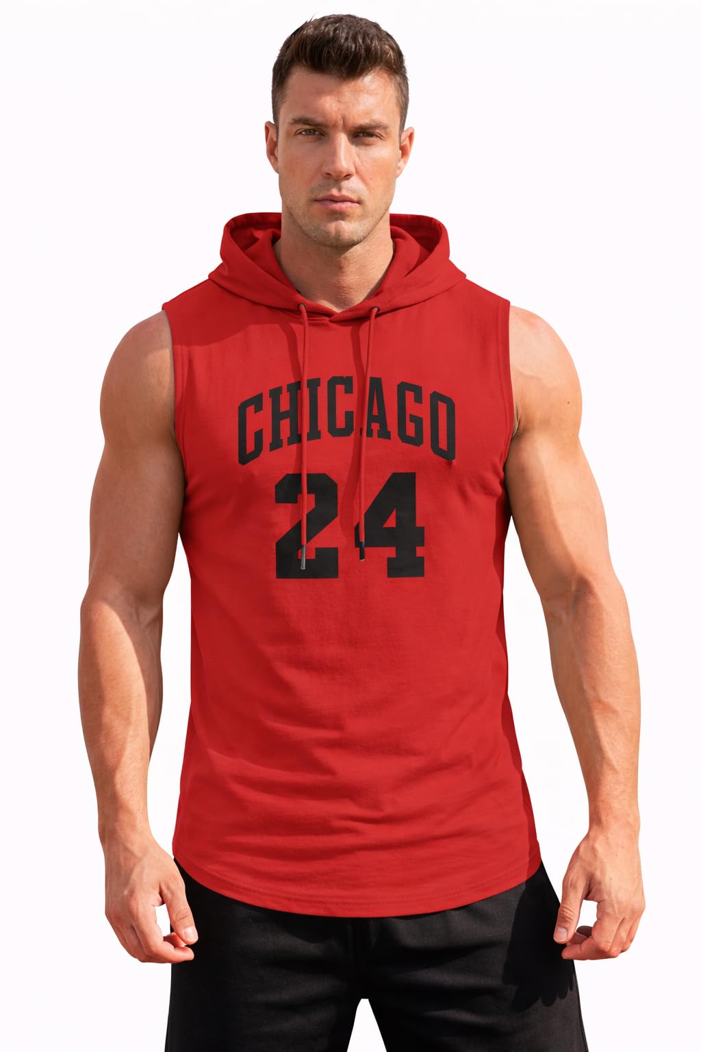 Men's Sleeveless Gym Hoodie, Chicago 24 Graphic Print, Neon Green, Cotton Blend, Regular Fit, Athletic Workout Tank Top-image-47