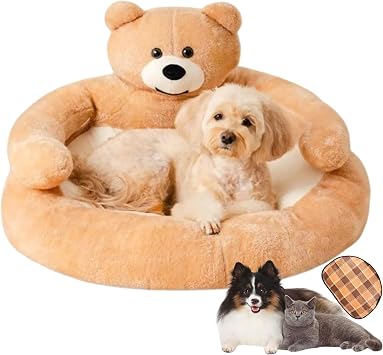 Teddy Bear Dog Bed with Arms, Washable Cute Pet Sofa with Anti-Slip Bottom, Plush Comfortable Teddy Bear Bed for Dogs and Cat, with a Cool Mat Beige, XL-30in