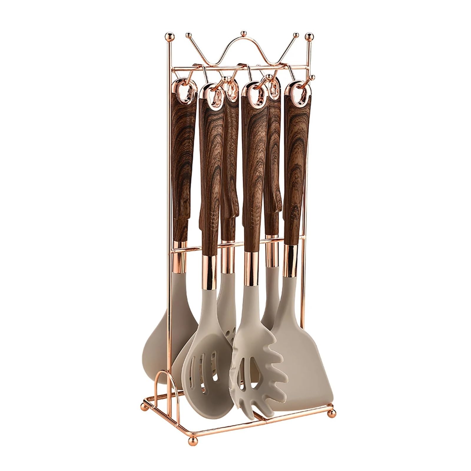 8-teiliges Silikon-Küchenhelfer-Set mit Topfschaufel, Suppenlöffel, Spaghettizange und Aufbewahrungsständer(Khaki A)