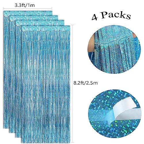 Image of 4Pcs Light Blue Fringe Backdrop 12.8x8.2 Feet Sparkle Metallic Tinsel Foil Fringe Curtain, Light Blue Fringe Curtains Door Streamers for Birthday Baby Shower Bachelorette Christmas Party Decorations