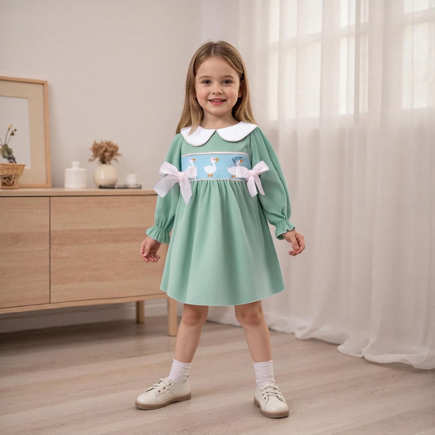 Toddler Baby Girl Silly Goose Smocked Dress Long Sleeve Fall Dresses Cute Little Girls Princess Goose Outfit - Image 2