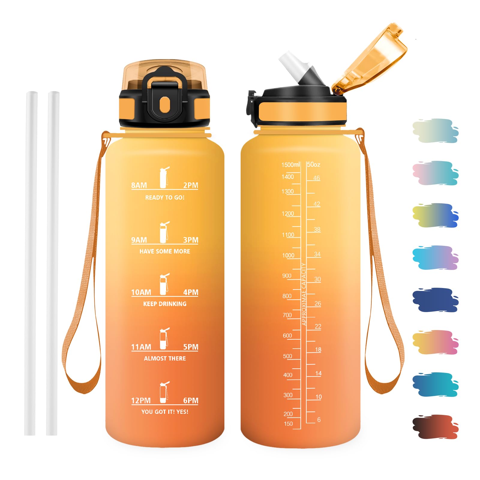 JAPORIA 1.5L Water Bottle with Straw BPA Free Motivational Water Bottles with Time Markers for Students Office Sports