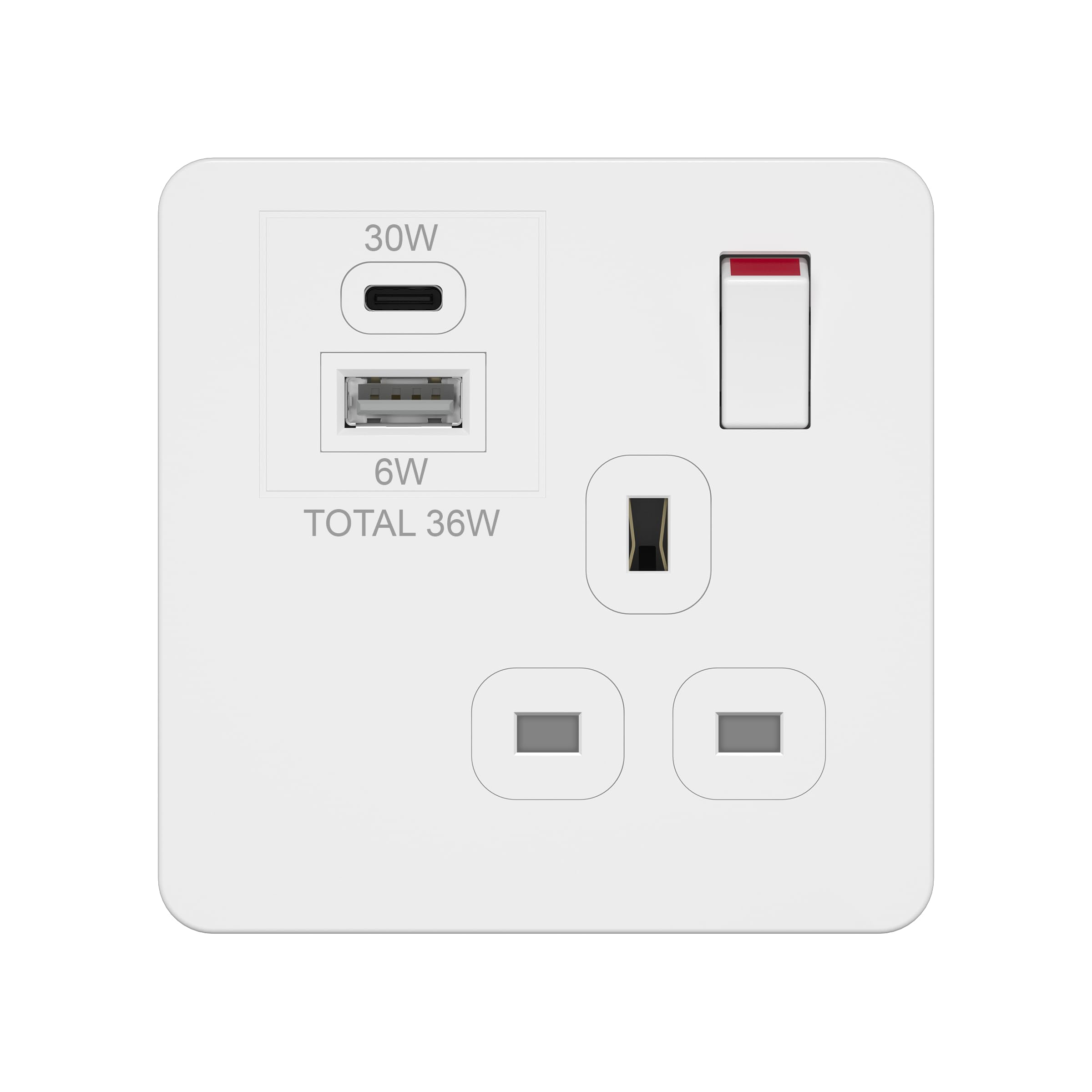 LIDER 1-Gang 13A UK Socket with 36W USB Charger, Power Delivery, Total 36W Output, PD 30W Max USB-C, Child-Proof Shutter, White