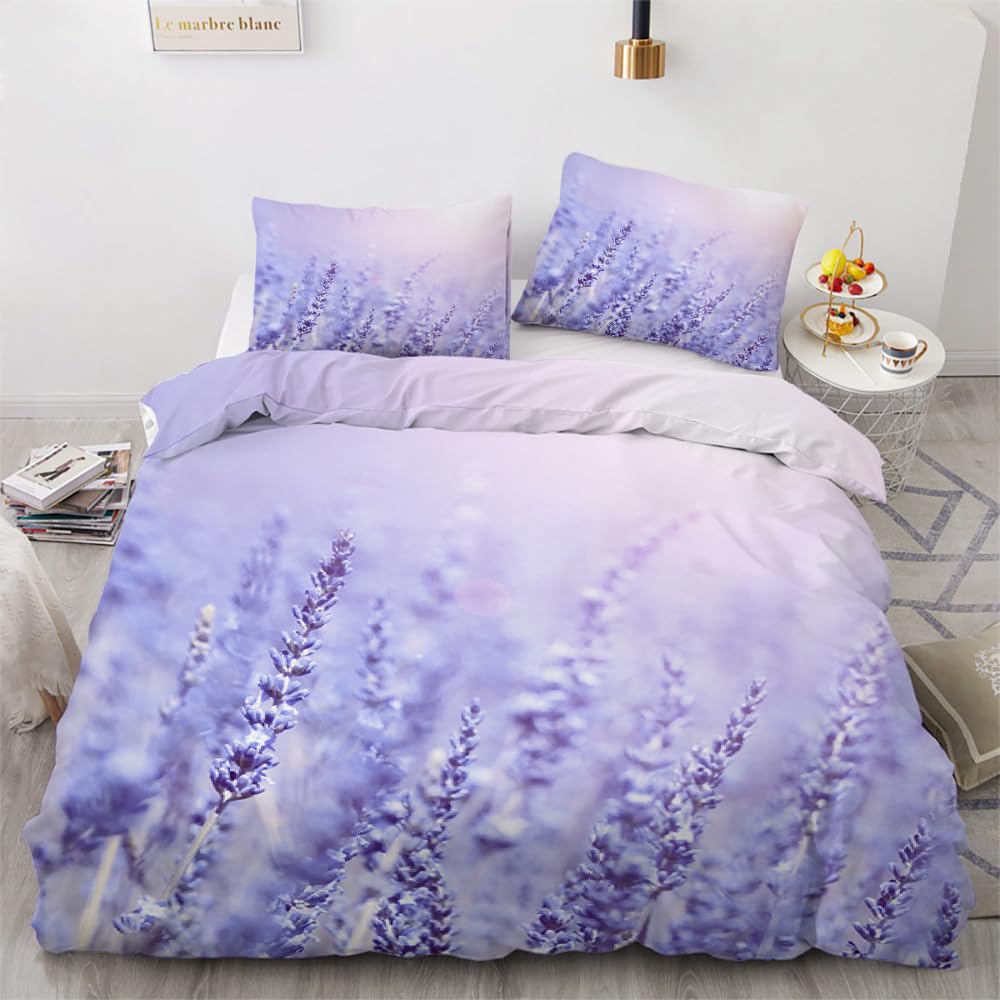 MARBRE 3D Lavender King Size Duvet Cover Set 220x230cm 3 piece Soft Microfiber Reversible Bedding Set Plant Comforter Cover with Zipper Closure Quilt Cover with 2 Pillowcase 50x75cm（Image 17-8）