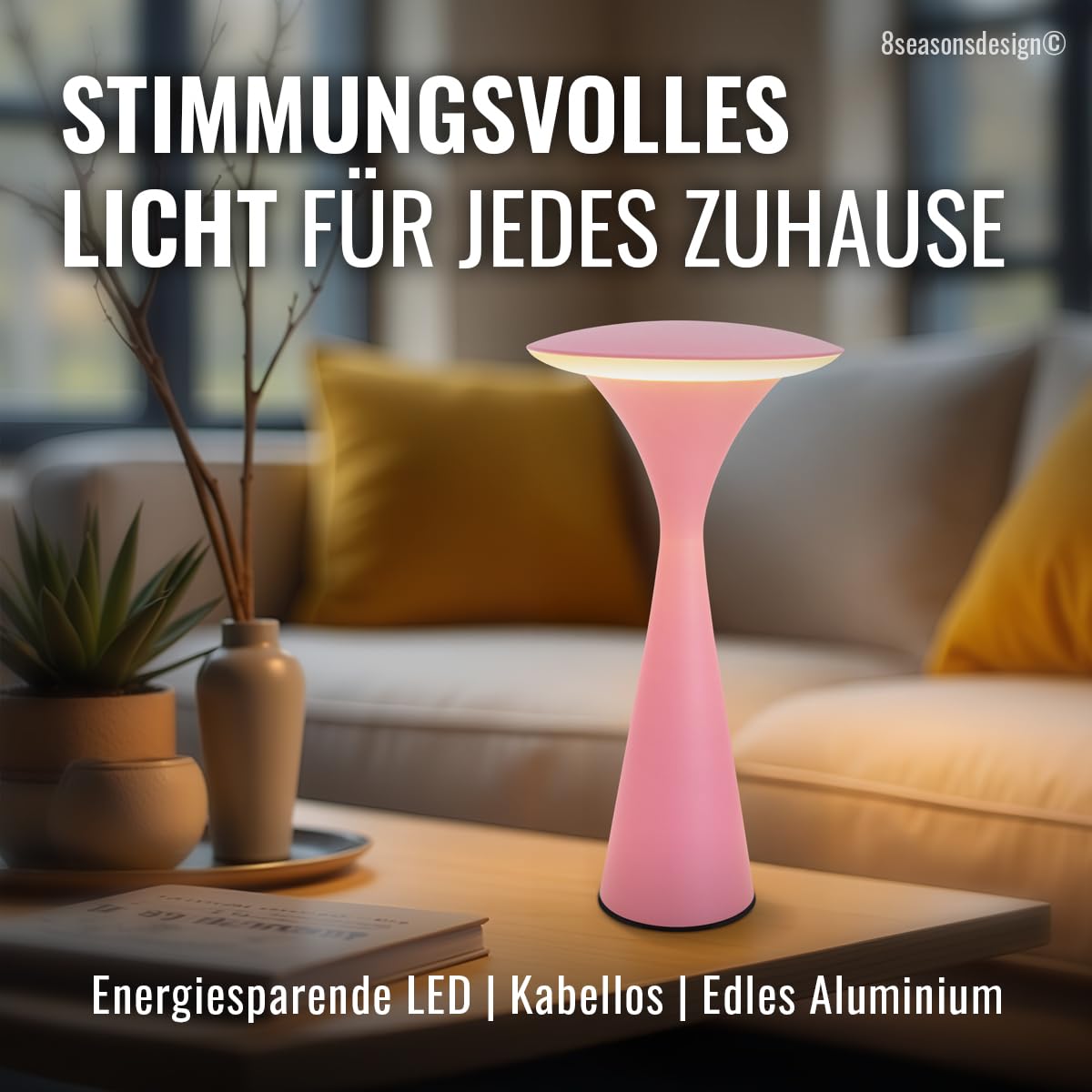 8 seasons design Tischlampe kabellos, dimmbar, Outdoor & Indoor - Hello Space - USB Ladestation, 27cm, Aluminium (pink), LED warmweiß bis kaltweiß, Touch Control, Akku Tischleuchte