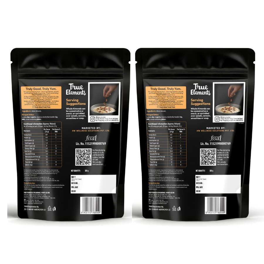 Image of Almonds 1kg (500g * 2) by True Elements - Clean and Premium Almonds | Badam Dryfruits | Healthy and Diet Snacks | Dry fruits for Festive Eating