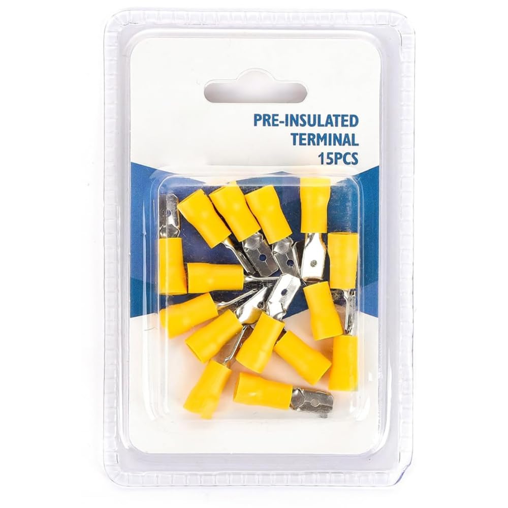 Yellow MDD5.5-250 pre-insulated terminal, Available in blister pack with 15 units each. Ideal for safe and efficient electrical connections.