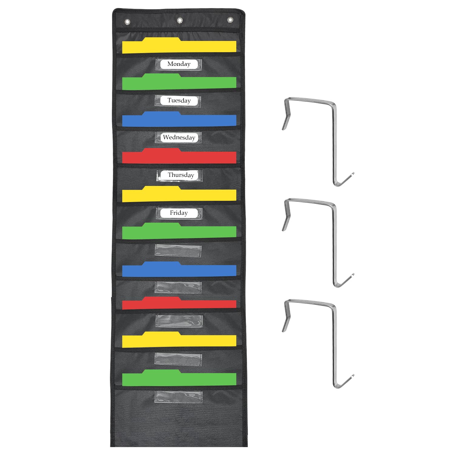Sutekus Hanging Wall File Organizer with 10 Nametag Pockets Black Wall Storage Pocket Chart with 3 Overdoor Hangers for Files Folder Magazines Paper