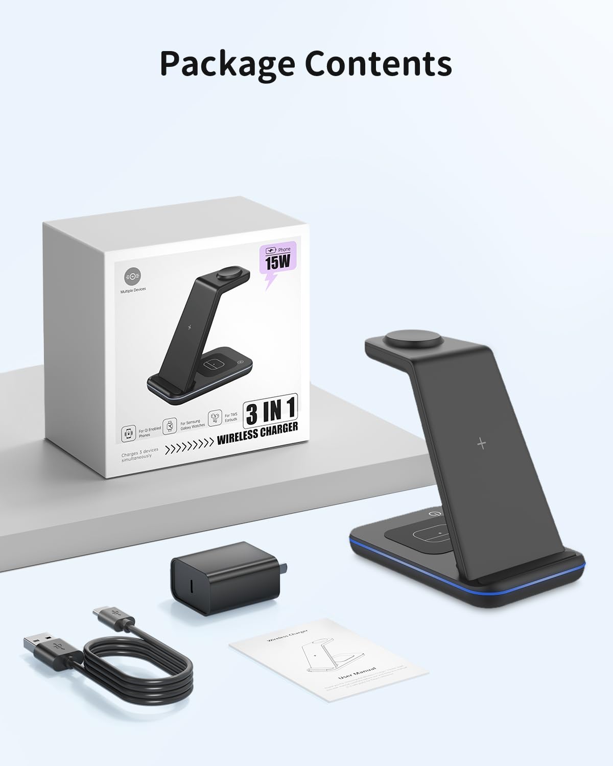 JoyGeek 3 in 1 Induktive Ladestation für Samsung, Wireless Charger für Samsung S26/S25/S24/S23/ZFlip/Fold, Induktionsladegerät für Galaxy Watch Ultra/8-4, Kabelloses Ladegerät für Galaxy Buds-Schwarz