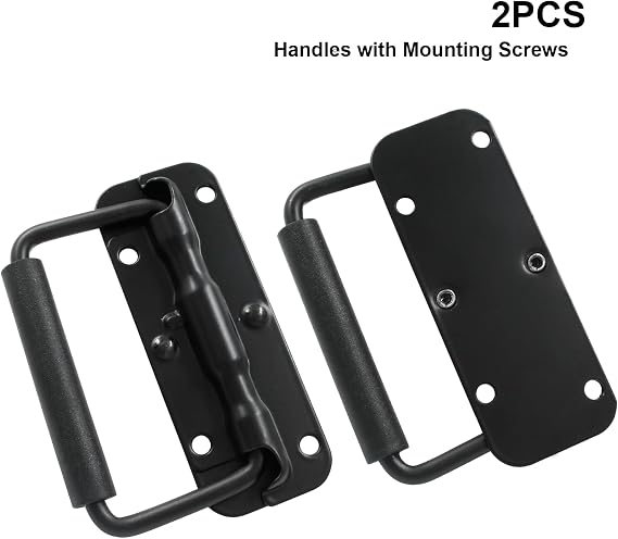 Litoexpe 2pcs Spring Loaded Handles 4.3 Inch, Black Heavy Duty Handle, Stainless Steel Chest Handle with Rubber Grip, Surface Mount Folding Handles for Toolbox Chest Case Trunks Crates Storage Boxes