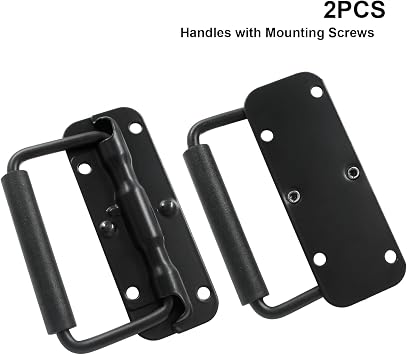 Litoexpe 2pcs Spring Loaded Handles 4.3 Inch, Black Heavy Duty Handle, Stainless Steel Chest Handle with Rubber Grip, Surface Mount Folding Handles for Toolbox Chest Case Trunks Crates Storage Boxes