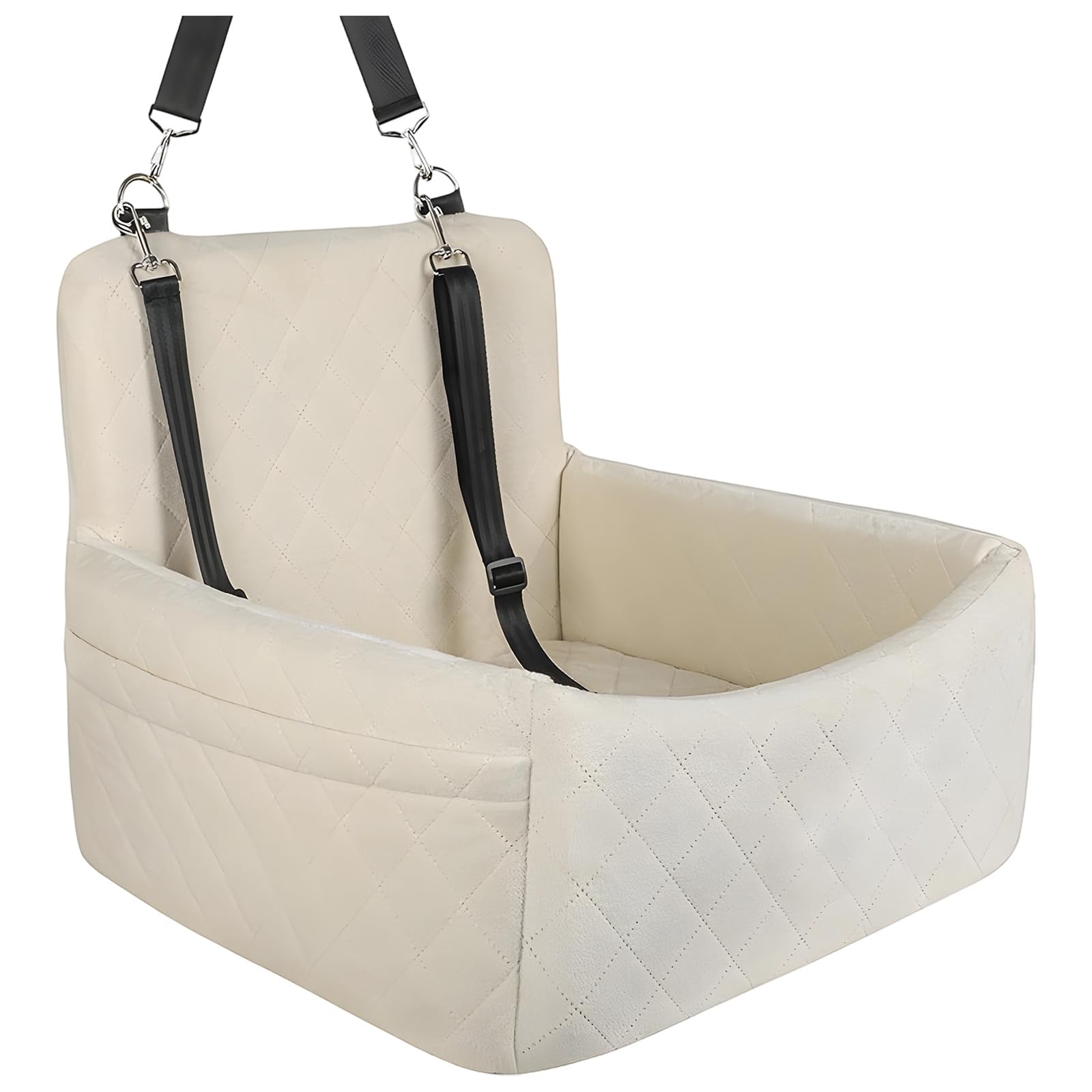 Velveteen - Asiento de coche para perros pequeños, elevador elevado para mascotas con lados altos, cinturón de seguridad y correa antideslizante, asiento delantero o trasero beige, soporte relajante