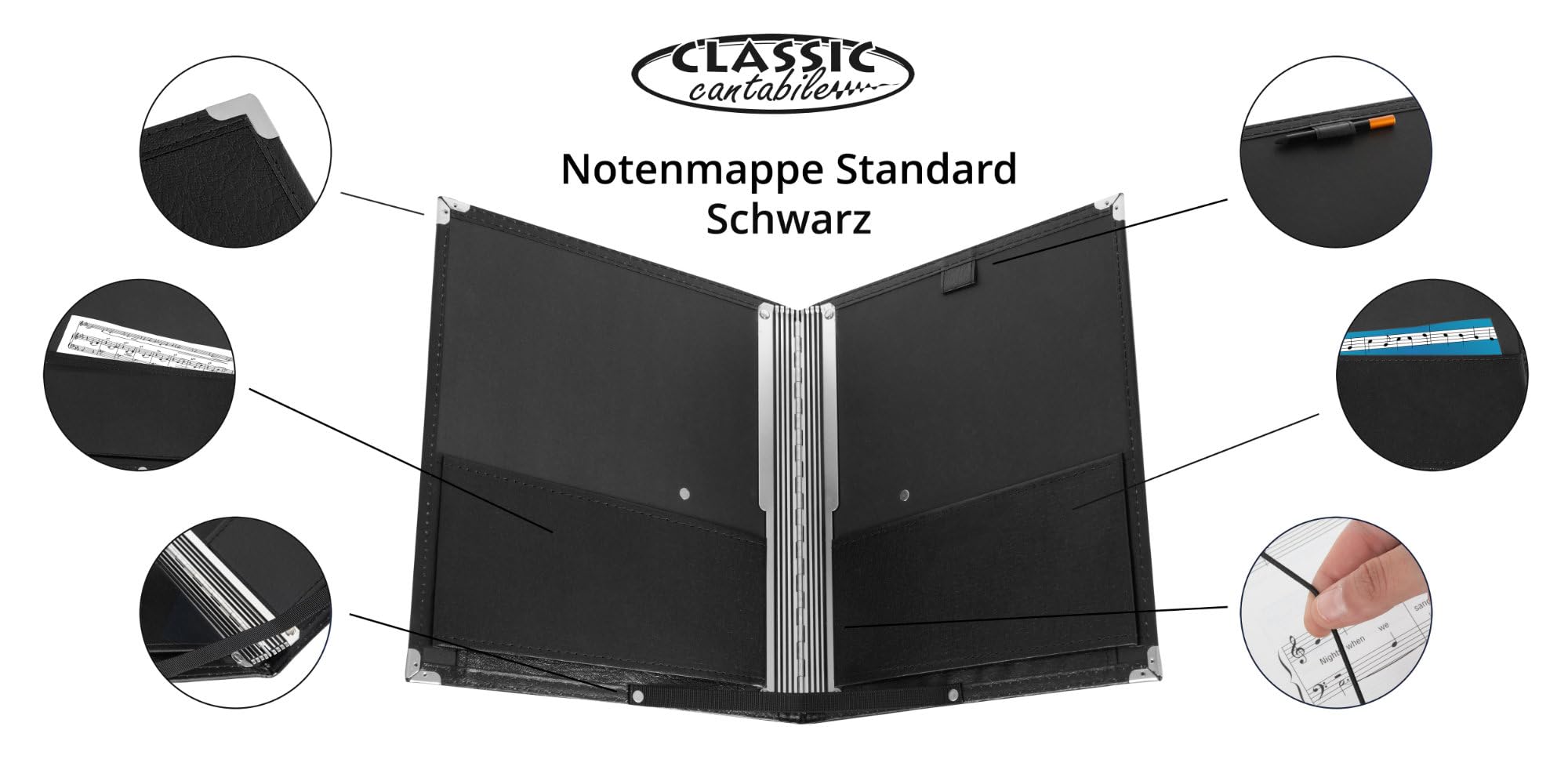 Classic Cantabile Carpeta de Partituras Estándar Negra Set de 5 | 335 x 280 mm, Altura de llenado aprox. 2 cm, Cuero sintético negro, 4 esquinas protectoras de metal, Cinta de retención