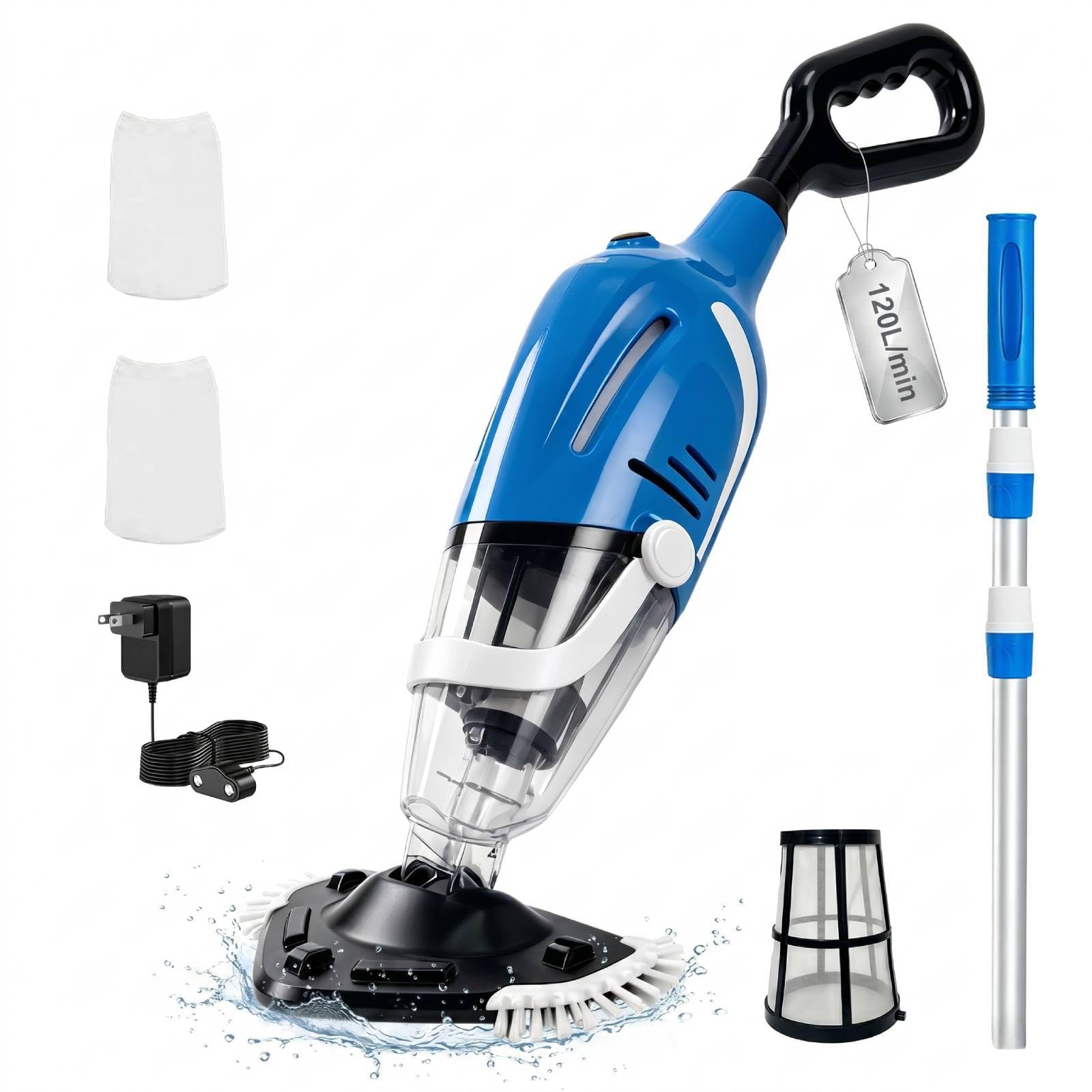 Bostar 2026 Nuevo Aspirador Piscina con Mango Telescópico, 120L/min Caudal de Succión Doble Filtración Limpiafondos de Piscina a Bateria Inalámbrica para Piscina Pequeñas SPA