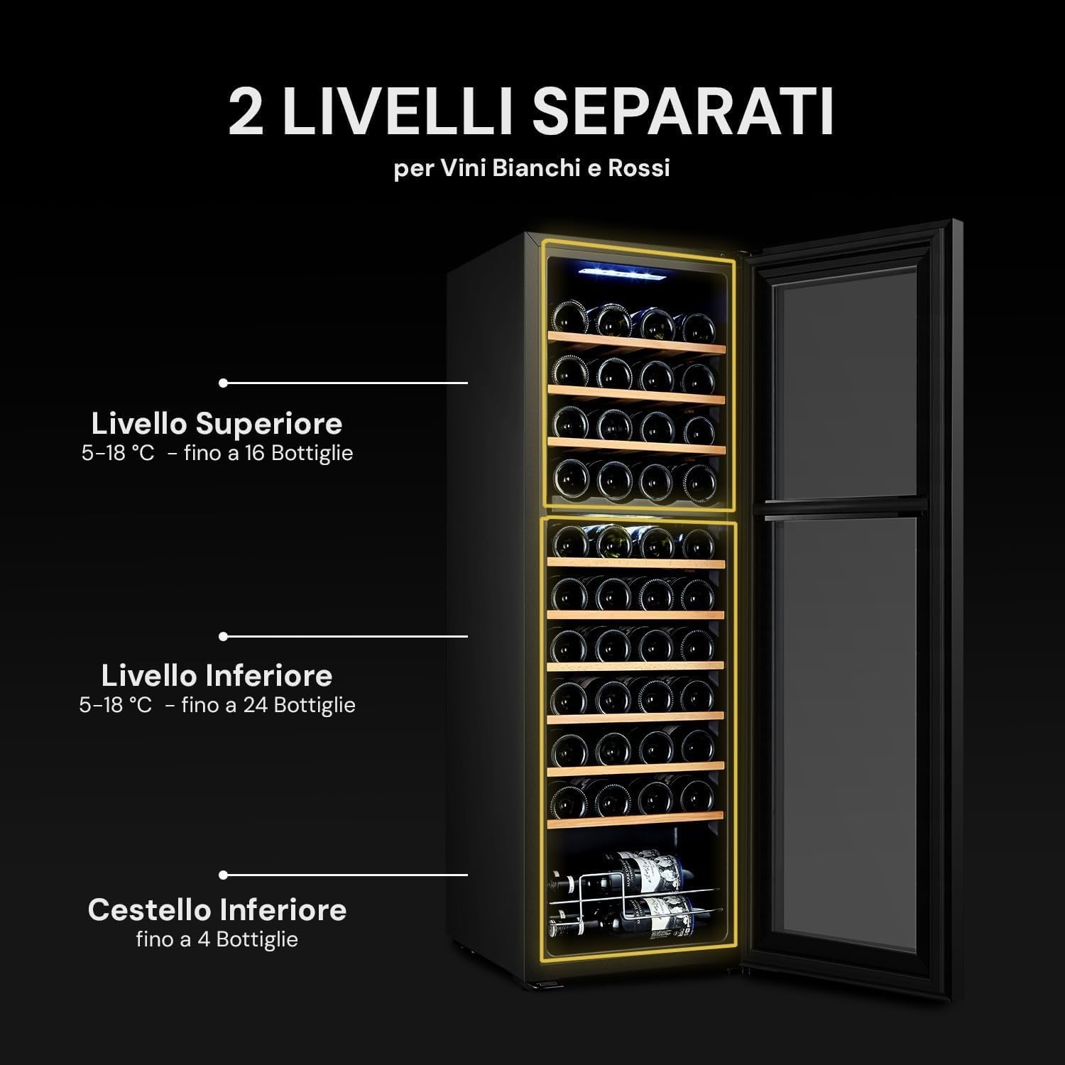 Cantinetta per Vino da 44 Bottiglie con Doppia Zona di Raffreddamento - Frigorifero per Vini 130L Temperatura regolabile da 5 a 18 °C - Wooler8 Frigo Bar Design Moderno - Ideale come Regalo di Natale