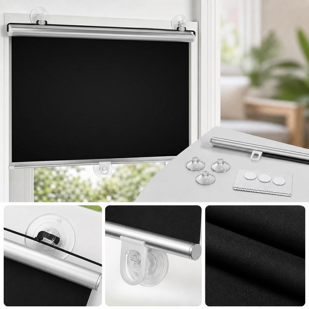 Estores Enrollables Sin Taladrar Persiana Enrollable con Ventosa, Cortinas Blackout Protección UV, Estor Enrollable Opaco Portátil Persianas Temporales para Ventanas Coche Baño(60 A x 180 H cm)