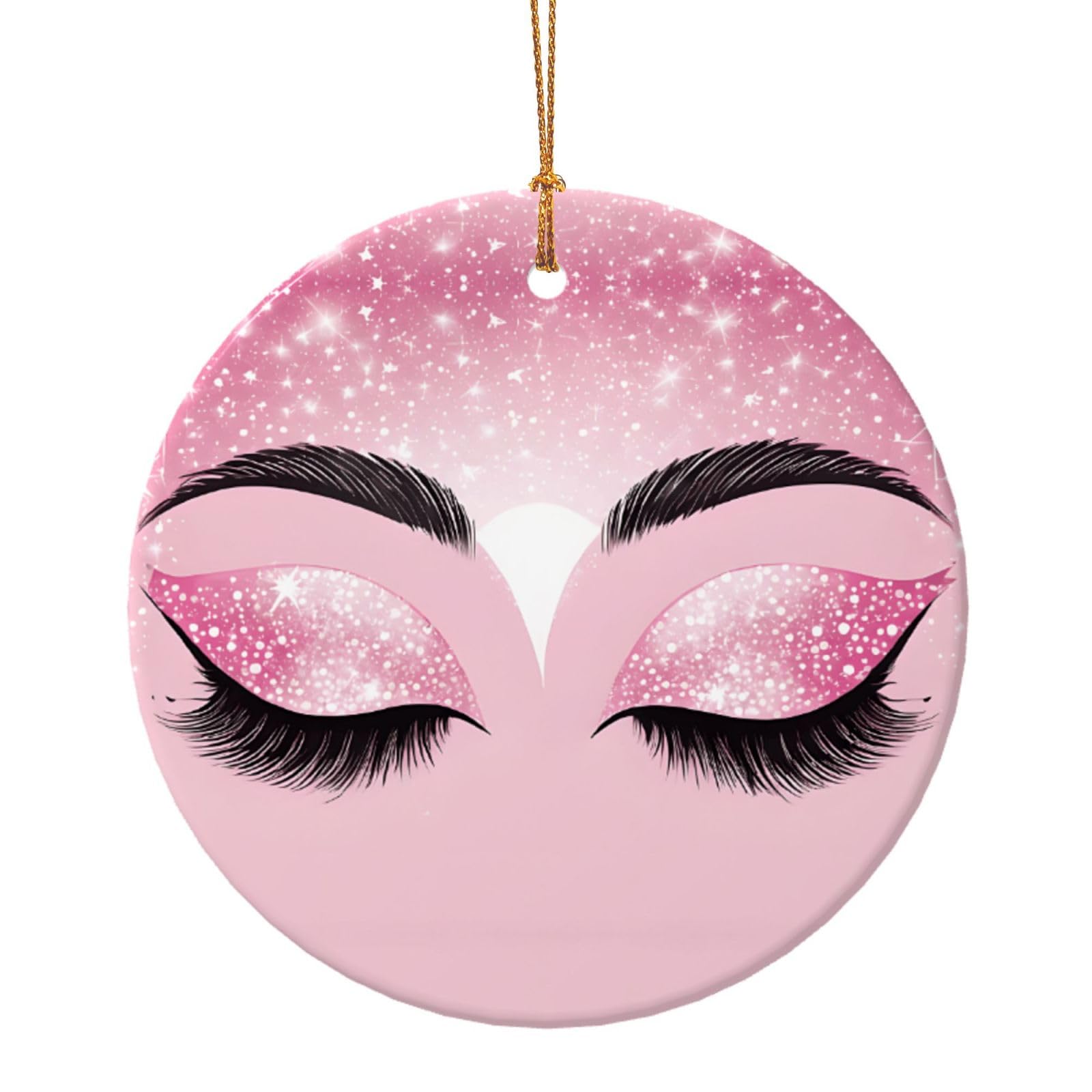 Augustrush Rose Gold Eyelashes Ceramic Christmas Ornaments Set, Double-Sided Printed Round Holiday Hanging Decor For Tree Fireplace Wall Party Festival Decoration, Christmas Bauble Gift Tag