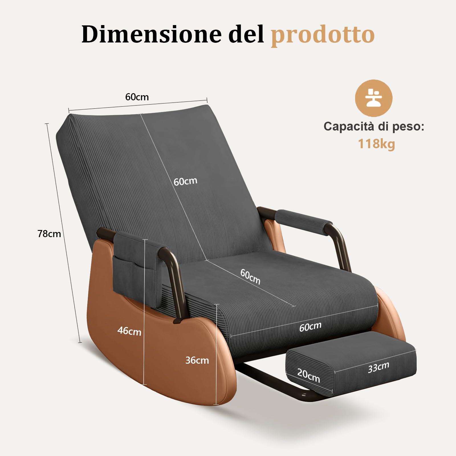 Sedia a dondolo imbottita per camera da bambino con tasche laterali e schiena alta regolabile, sedia di accento in velluto côtelé molle con poggiapiedi adatta a camera da letto e soggiorno