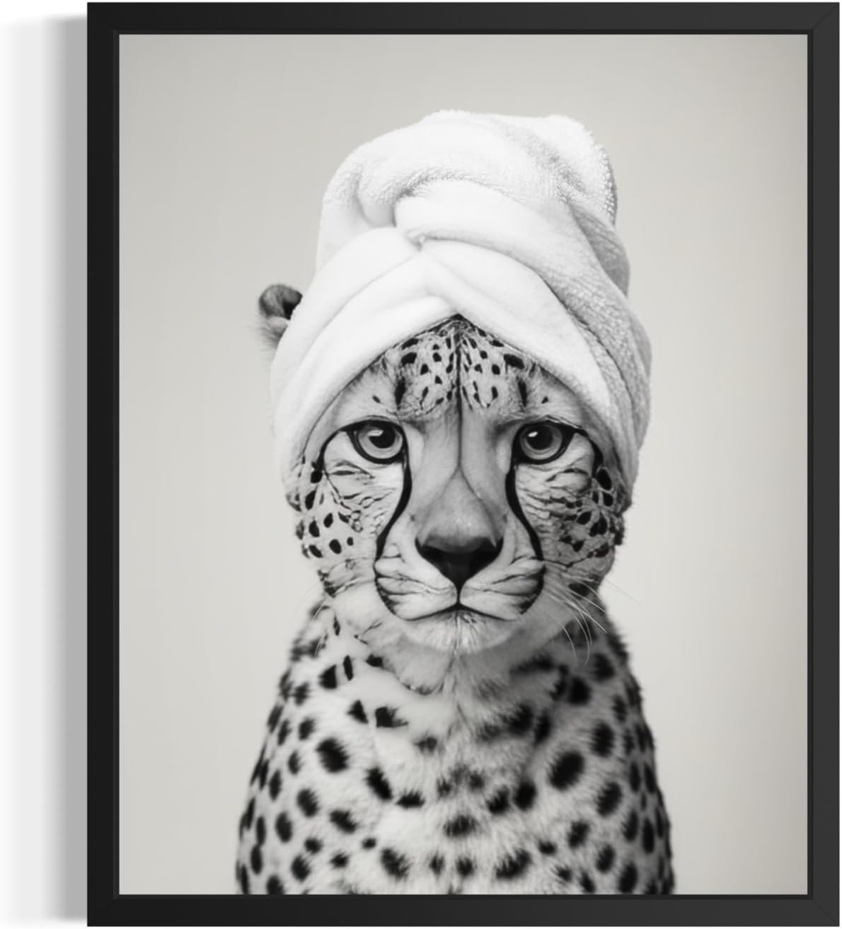 Cheetah and Shower Towel Poster Framed Art Print, Animal Funny Humor Restroom Painting Wildlife Bathroom Bath Shower Wall Art Decor Nature A8 (Cheetah and Shower Towel, 14" L x 11" W, Black Frame)