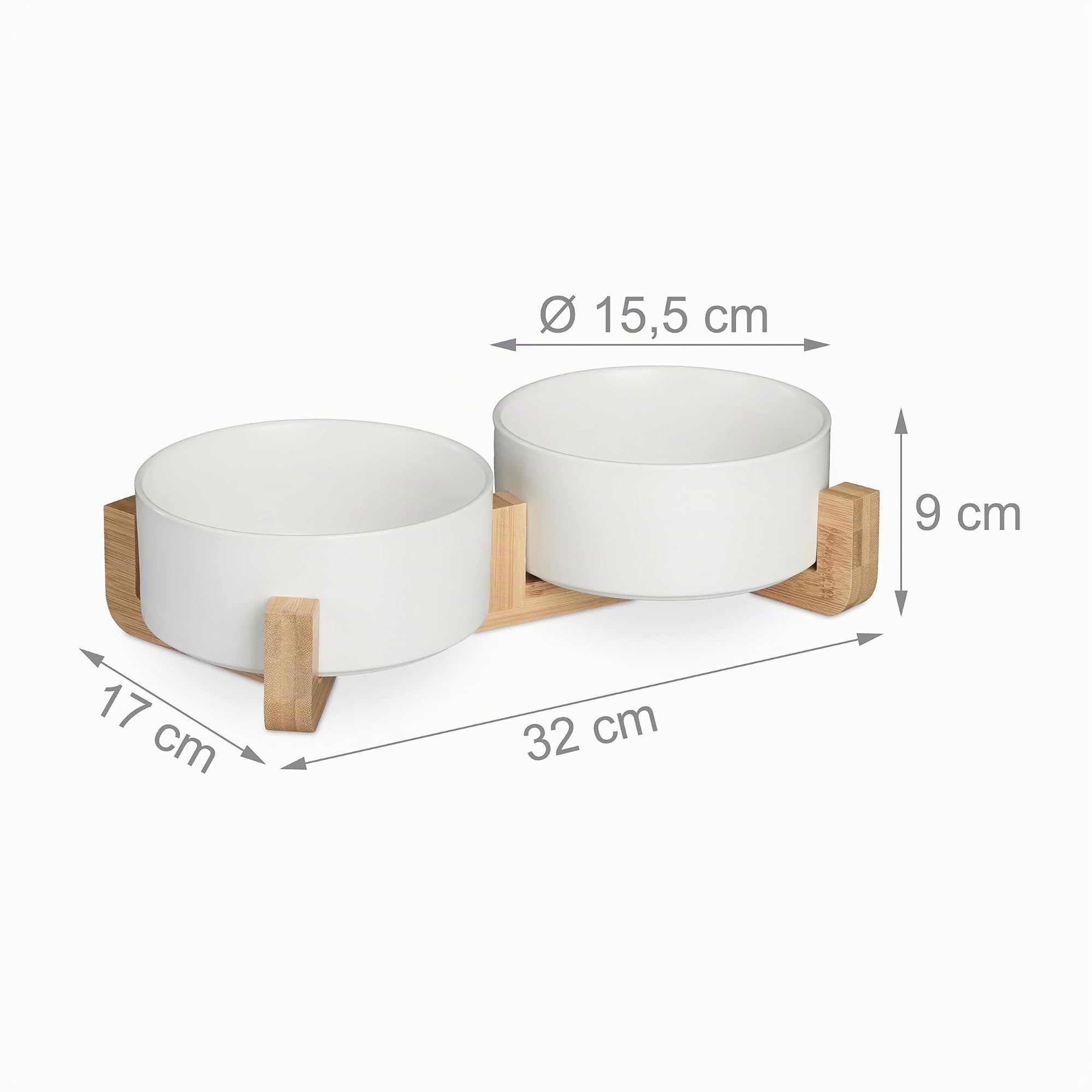 Relaxdays Gamelle, 850 ML, pour Eau et Nourriture, avec Structure en Bambou, HxLxP : 9 x 32 x 17 cm, Blanc
