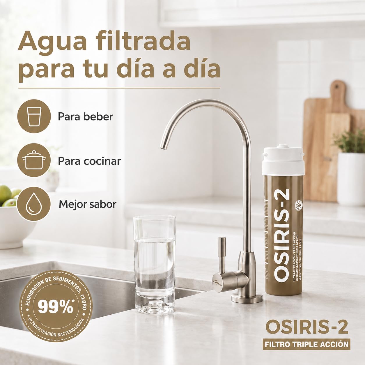 Bbagua OSIRIS 2 Filtro de Agua Bajo Encimera con Grifo | Ultrafiltración 0,1 Micras | Reduce Cloro, Sedimentos, Olores y Mal Sabor | Sin Depósito ni Electricidad | Cartucho 12 Meses