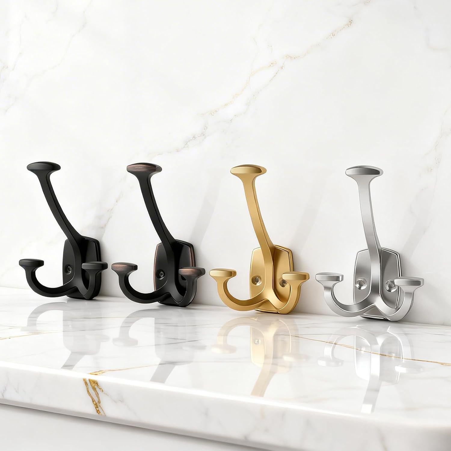 HARPOON Triple Prong Decorative Wall Hook | 3 Pack Brushed Gold Hook for Coat, Hats, Backpacks, Bags | Hooks for Bathroom, Bedroom, Closet, Entryway, Laundry Room, Office