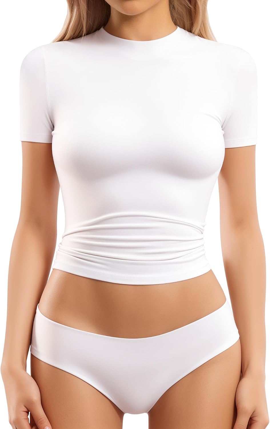 MANGOPOP Women’s Double Lined Short Sleeve Long Sleeve Tops Crew Neck T Shirt Compression Fitted Basic Tee