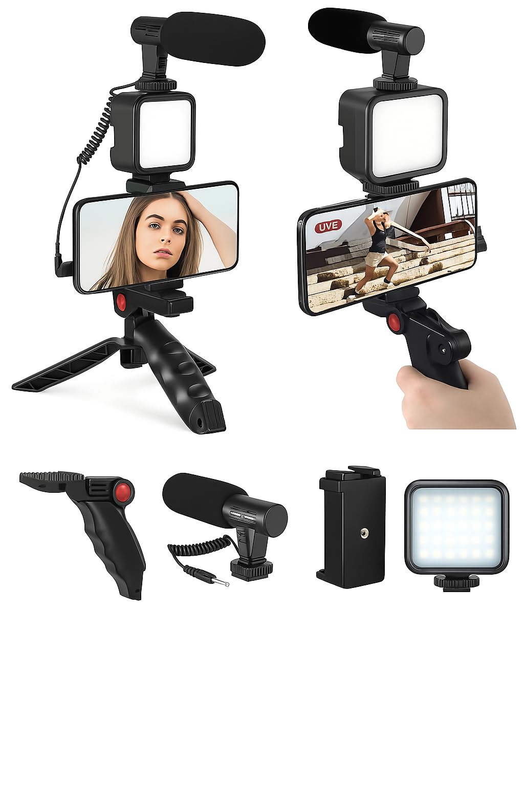 Kit video professionale per smartphone, kit Vlog per telefono, include luce LED, microfono, supporto per telefono e treppiede, compatibile con iPhone, Android, YouTube, TikTok, Vlog, Live Streaming
