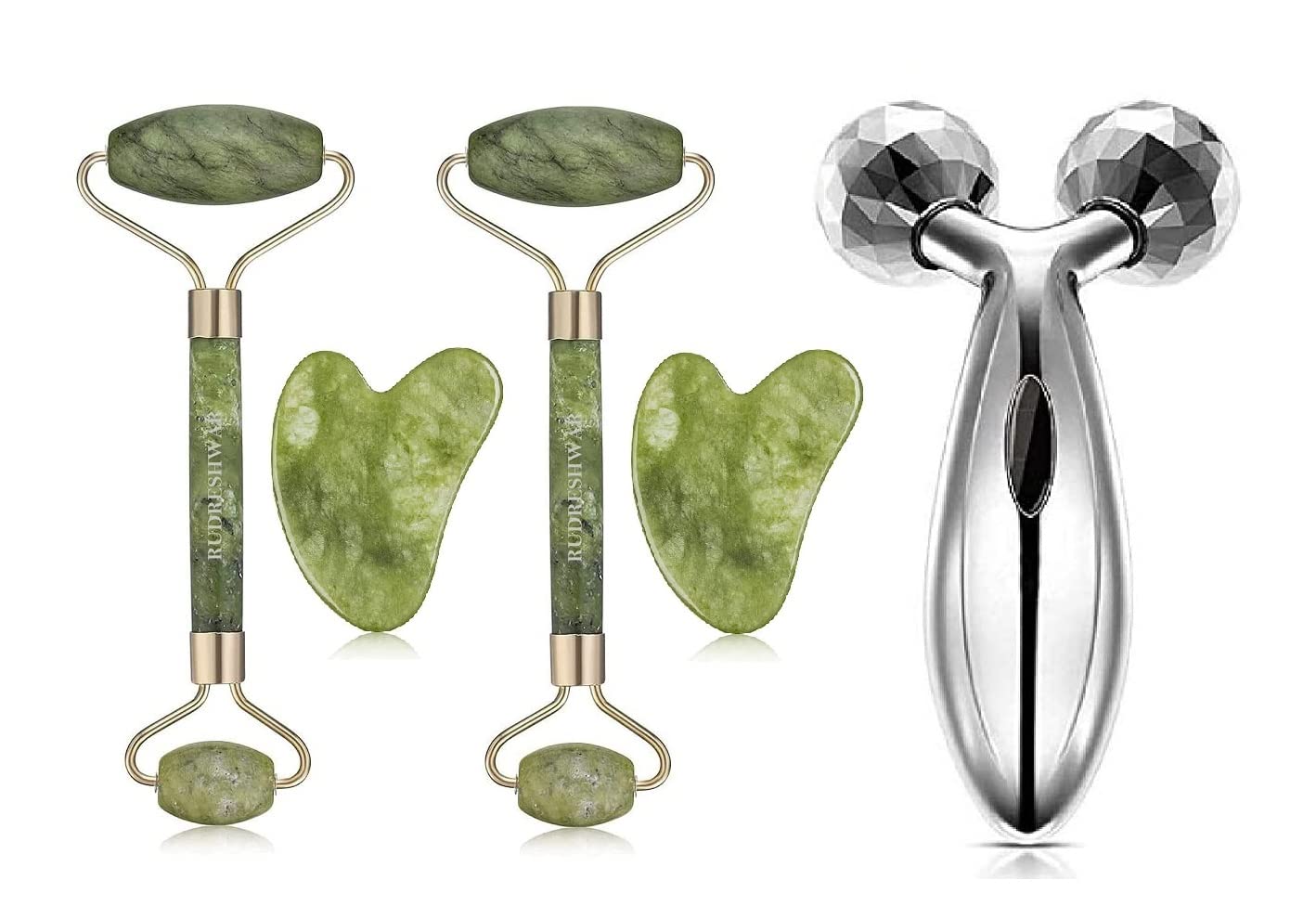 RUDRESHWAR 3D Manual Roller Face Body Massager With And Anti Aging 100% Natural Jade Stone Roller Msagger With Gua Sha Tools For Face And Body Massager