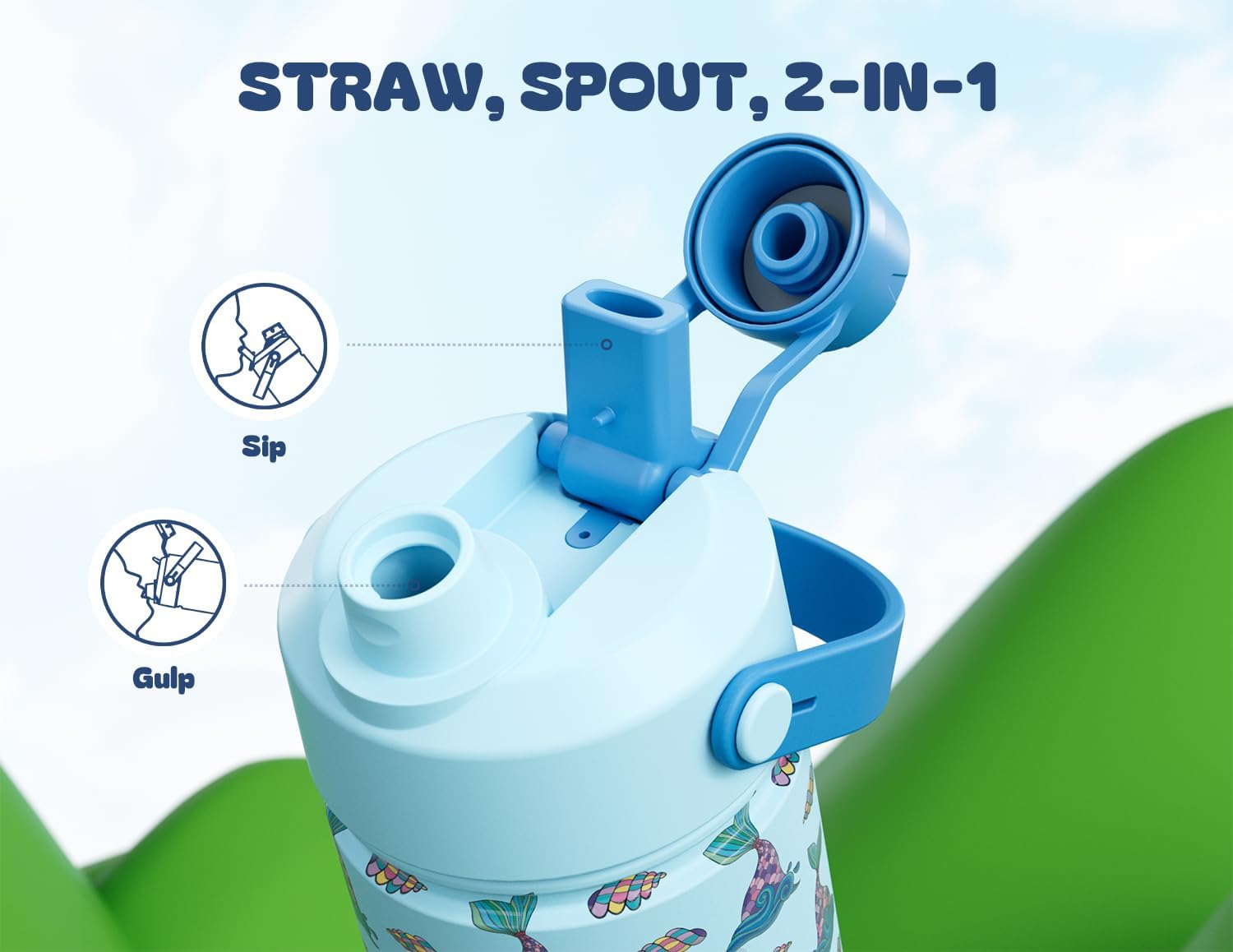 18 oz Kids Insulated Mermaid Water Bottle for School: 2-in-1 Straw Spout Lid, Leakproof, BPA-Free, Keep Cold 24H, Reusable Stainless Steel Cup, Birthday Gift for Girls Daughters (Splash Tails) - Image 3