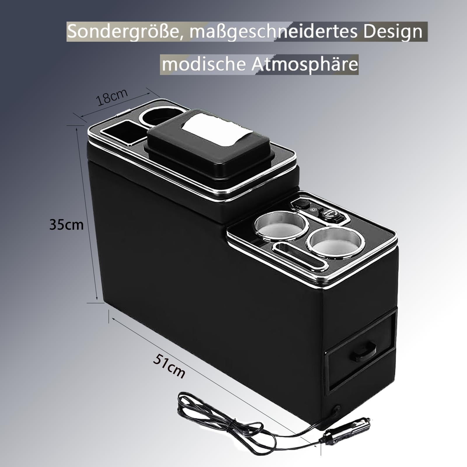 Konsola środkowa z 7 kolorami diod LED i stacją ładującą USB, kompatybilna z VW T4, T5, T6, T7, T6.1, 2003-2019, płyta akrylowa, podłokietnik, pudełko do przechowywania, błyszczące, skórzane,