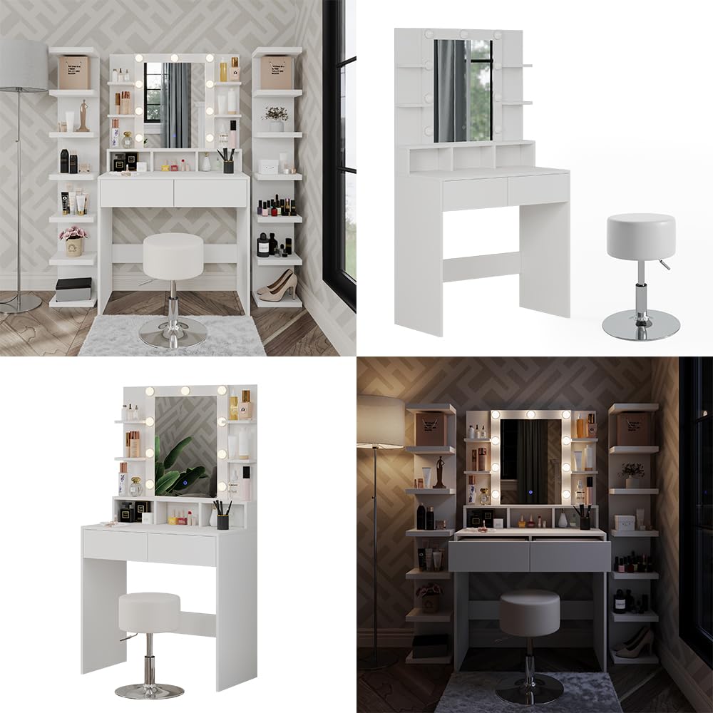 Vicco Tavolo da toeletta Taylor, Bianco, 80 cm con illuminazione LED e sgabello, con illuminazione LED e sgabello girevole regolabile in altezza